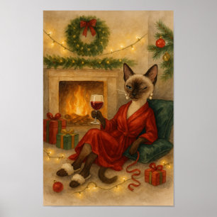 Poster Le chat siamois de Noël fête chez lui
