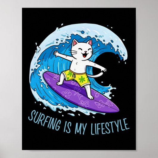 Poster Le chat surfe sur une vague - Le surf est mon styl (Devant)