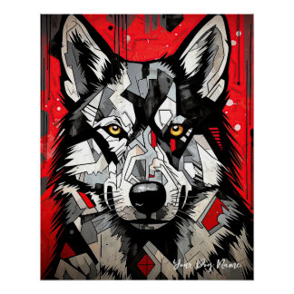 Poster Le Chien Husky Sibérien, Rouge et Noir 002 - Ulise