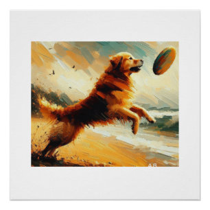 Poster Le Chien Sautant Pour Frisbee,
