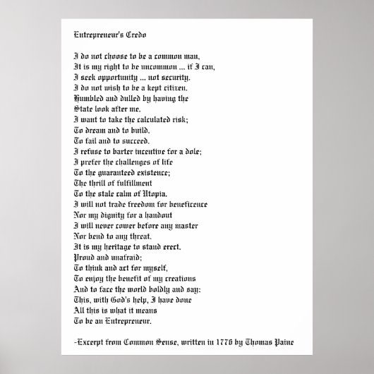 Poster Le credo de l'entrepreneur (Devant)