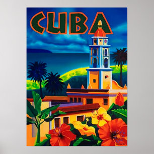 Poster Le Cuba, île tropicale, tour de ville, cru, voyage