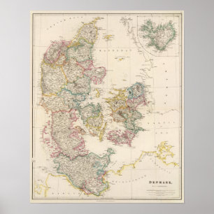 Poster Le Danemark avec la carte d'encart de l'Islande
