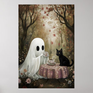 Poster Le Fantôme Et Le Chat Noir Boivent Du Thé En Autom