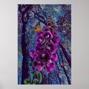 Poster Le foxglove avec papillon dans la peinture des boi