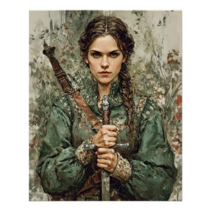Poster Le guerrier Maiden avec épée - Imaginaire médiéval