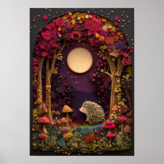 Poster Le hérisson | Art Découpe de la forêt nocturne d'a