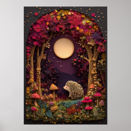 Poster Le hérisson | Art Découpe de la forêt nocturne d'a (Devant)