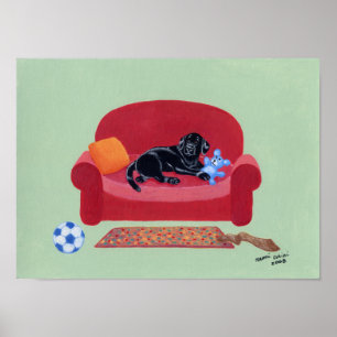 Poster Le Labrador noir sur l'oeuvre du canapé rose