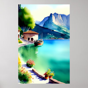 Poster Le lac de Garde (Lago di Garda) peinture aquarelle