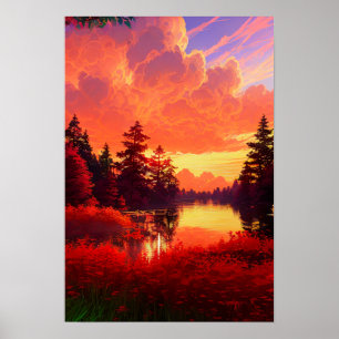 Poster Le lac Forest Bathed au coucher du soleil rouge