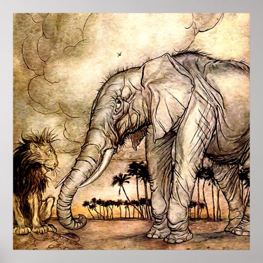 Poster « Le Lion et l'Éléphant » par Arthur Rackham (Devant)