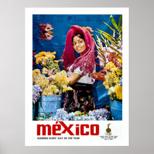Poster Le Mexique, fille de sourire avec des fleurs, cru,