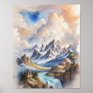 Poster Le mont Olympus dans une peinture d'aquarelle maje
