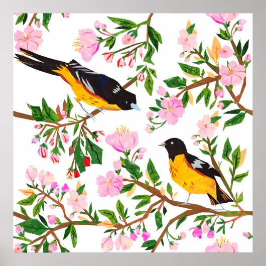 Poster Le motif est avec des oiseaux et des fleurs. C'est (Devant)