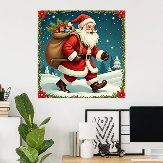 Poster Le Père Noël livre des cadeaux à travers la forêt (Bureau à domicile)