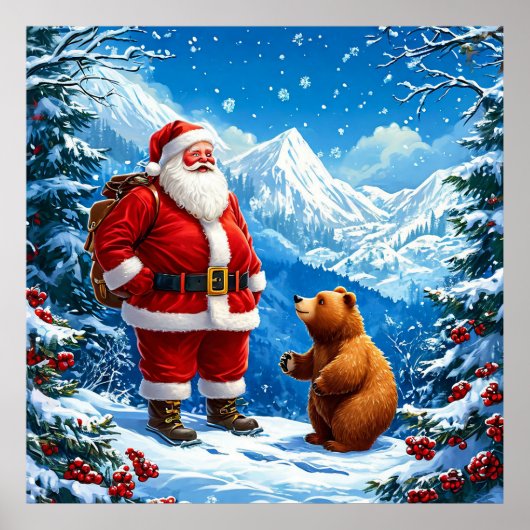 Poster Le Père Noël rencontre un ours amical dans la mont (Devant)