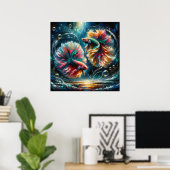 Poster Le poisson Betta danse dans les bulles de l'océan (Bureau à domicile)