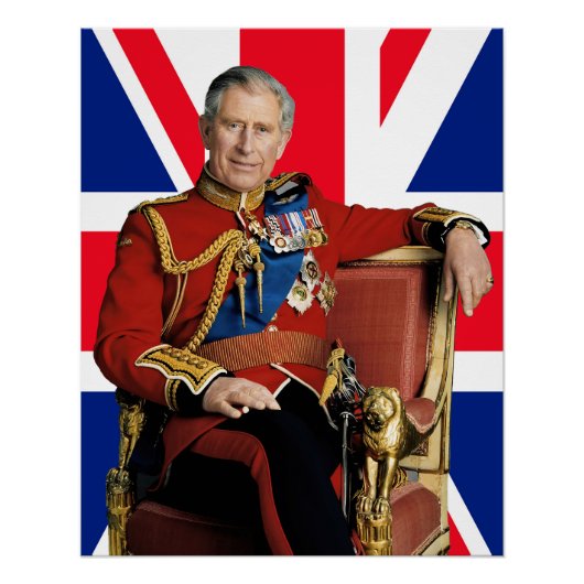 Poster Le roi Charles III avec drapeau britannique (Devant)