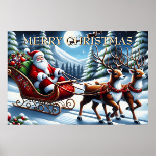 Poster Le traîneau du Père Noël à travers la forêt enneig