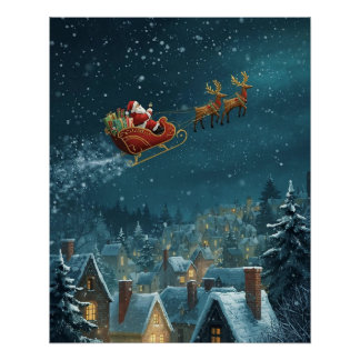 Poster Le traîneau du Père Noël au-dessus de la ville Aff