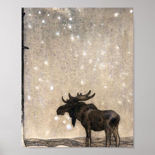 Poster Leap The Elk In Neige At Night - John Bauer (Devant)