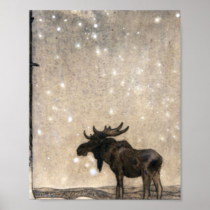 Poster Leap The Elk In The Snow At Night - John Bauer