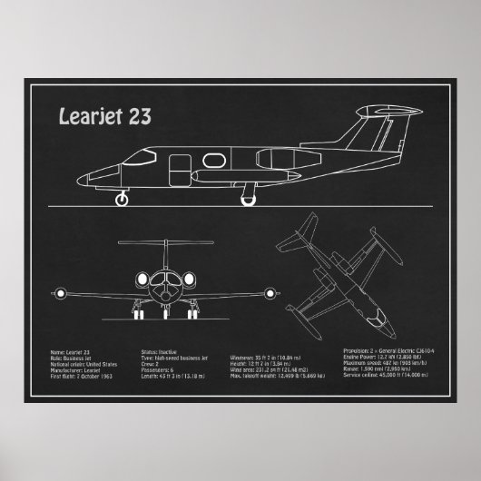 Poster Learjet 23 - Plans de dessin du plan directeur de  (Devant)