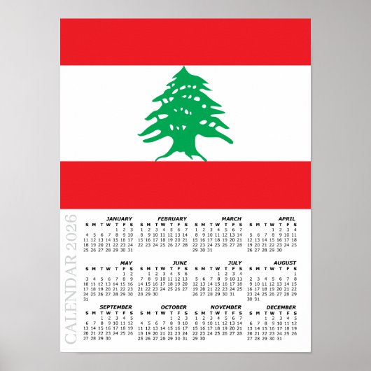 Poster Lebanon 2026 Calendar, Large, Lebanese Flag (Devant)