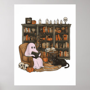 Poster Lecteur fantôme Livre Amateur de chat Halloween 