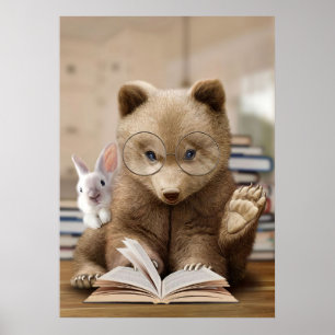 Poster Lecteur Ours Cadeaux Et Lapin Lire Livres