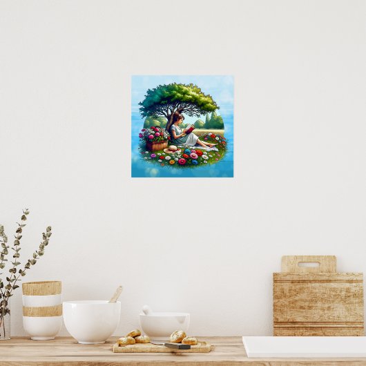 Poster Lecture de fille sous un arbre entouré de fleurs (Cuisine)