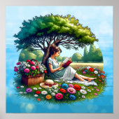 Poster Lecture de fille sous un arbre entouré de fleurs (Devant)