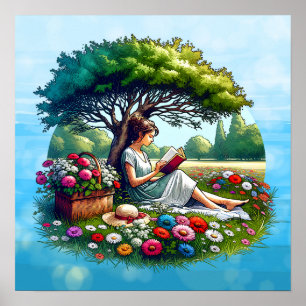 Poster Lecture de fille sous un arbre entouré de fleurs
