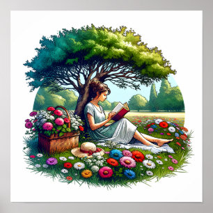 Poster Lecture de fille sous un arbre entouré de fleurs