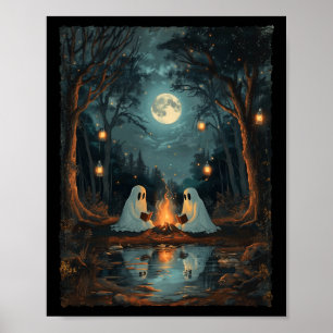 Poster Lecture de livre de fantômes vintage Camping gothi
