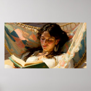 Poster Lecture d'une femme dans un hamac le jour ensoleil