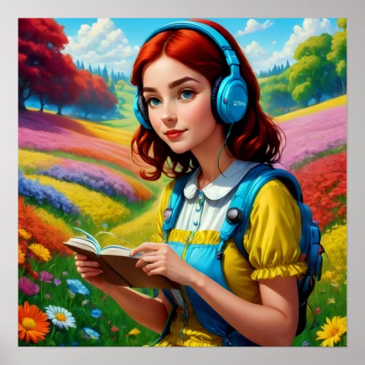 Poster Lecture fille avec casque paysage coloré (Devant)