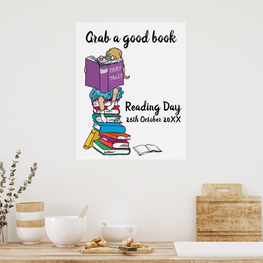 Poster Lecture journée lecture sur une pile de livres évé (Cuisine)