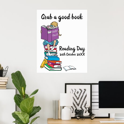 Poster Lecture journée lecture sur une pile de livres évé (Bureau à domicile)
