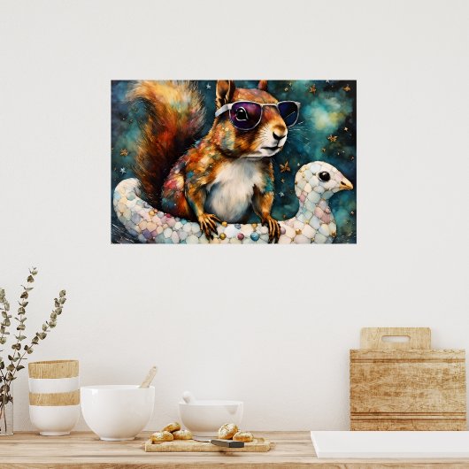 Poster L'écureuil mignon profite d'un voyage en flottant (Cuisine)