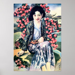 Poster L'élégante dame chinoise par les fleurs Vieux Shan