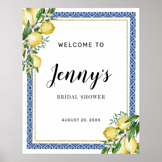 Poster Lemon Botanical Carrelage Bleu Mariage Shower de M (Devant)
