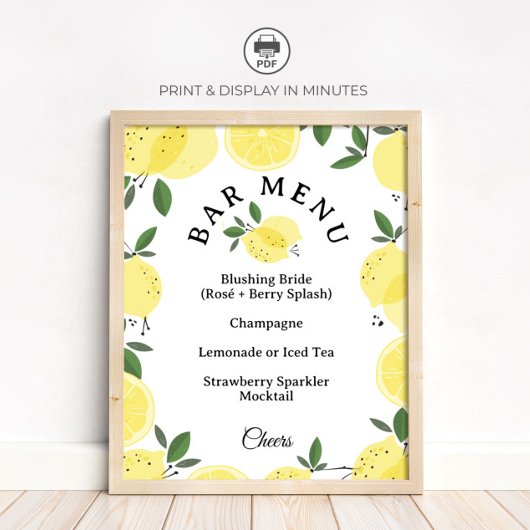 Poster Lemon Cocktail Bar Menu Bridal Shower Sign
