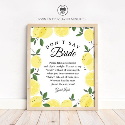 Poster Lemon "Don't Say Bride" Bridal Shower Game sign