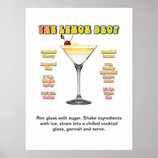 Poster LEMON DROP MARTINI 18"x24" Cocktail Recette Art (Devant)