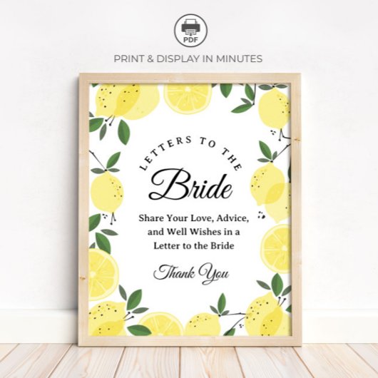Poster Lemon "Letters to the Bride" Bridal Shower sign