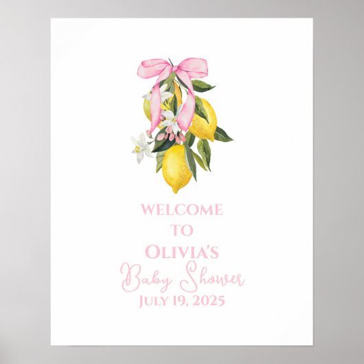 Poster Lemon Pink Bow preppy Coquette Baby Shower welcome (Devant)