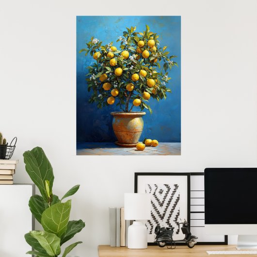 Poster Lemon Tree in Clay Pot with Blossoms (Bureau à domicile)