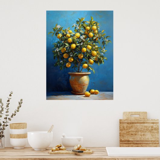 Poster Lemon Tree in Clay Pot with Blossoms (Cuisine)